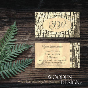 Tree Bark Wood Grain Oval Gold Border and Monogram Business Card