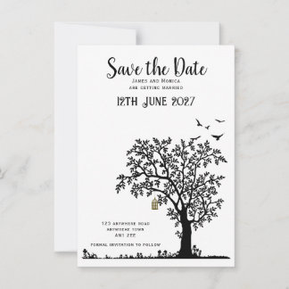 Tree/Bird Simple Black and White Save the Date Invitation