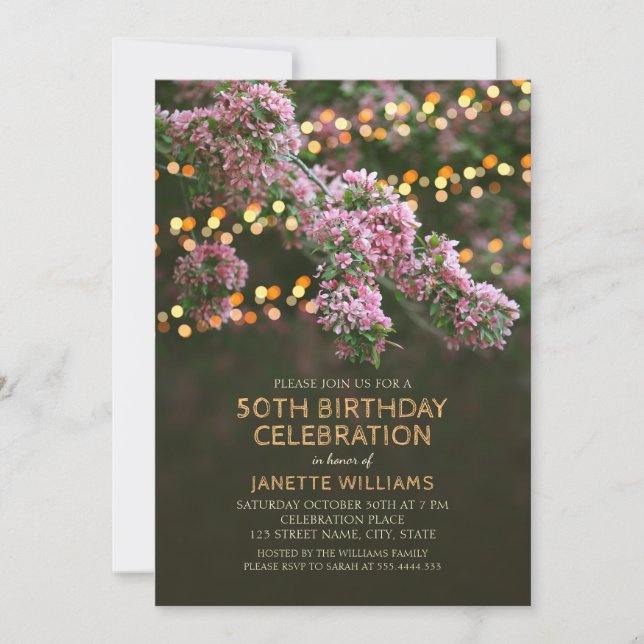 Tree Blossom Lights Rustic Floral 50th Birthday Invitation (Front)
