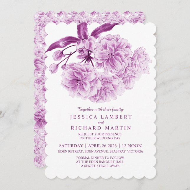 Tree blossom watercolor dusky purple wedding invitation (Front/Back)