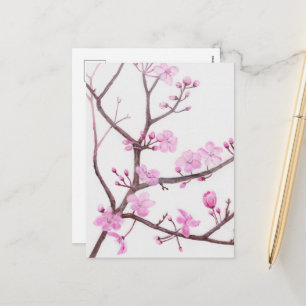 Tree branch blossoming with pink flowers in spring holiday postcard