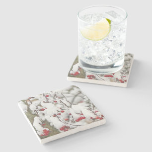 TREE BRANCH STEMS /DANGLING RED BERRIES IN SNOW STONE COASTER