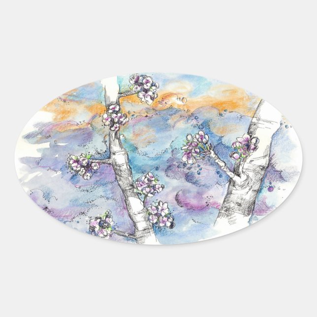 Tree Branch Sunset Storm Clouds Drawing Oval Sticker (Front)