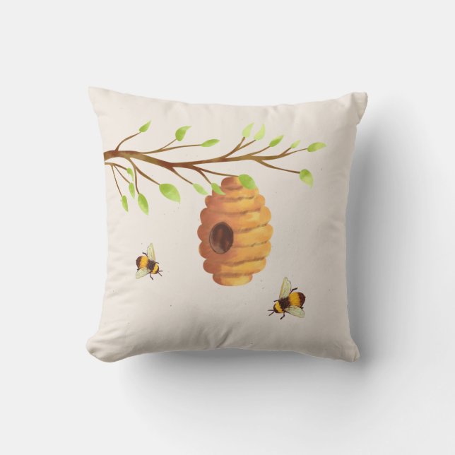 Tree branch with Honey Bees and Bee Hive Cushion (Front)