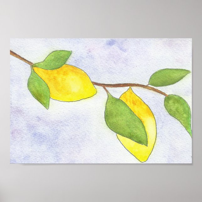 Tree Branch with Lemons and Leaves in Watercolor Poster (Front)