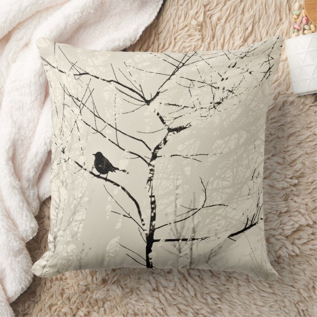 Tree Branches and Mocking Bird Taupe Cream Black Cushion (Blanket)