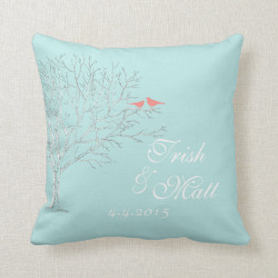 Tree Branches Aqua Coral Birds Wedding Pillow