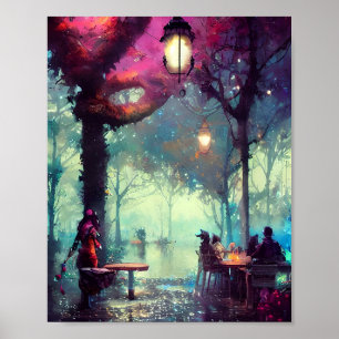 Tree covered cafe' watercolor art poster