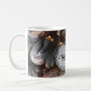 Tree decorations background with christmas light coffee mug