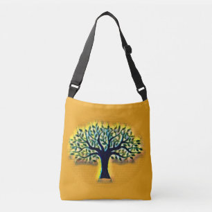 Tree faces yellow landscape watercolor crossbody bag