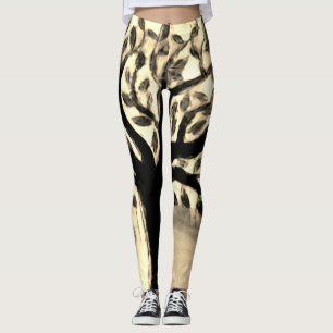 Tree faces yellow landscape watercolor  leggings