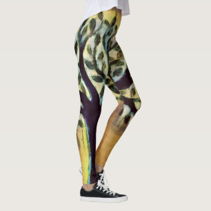 Tree faces yellow landscape watercolor  leggings