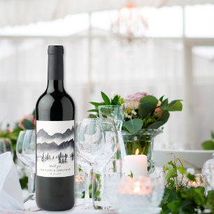 Tree Forest Mountain Black White Thank You Wedding Wine Label