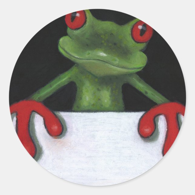 TREE FROG HOLDING SIGN: YOU PICK WORDING CLASSIC ROUND STICKER (Front)