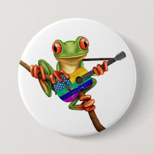 Tree Frog Playing American Rainbow Guitar White 7.5 Cm Round Badge