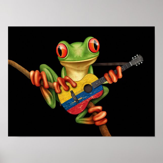 Tree Frog Playing Colombian Flag Guitar Black Poster (Front)