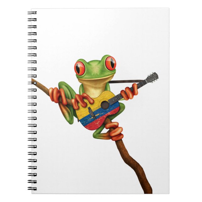 Tree Frog Playing Colombian Flag Guitar White Spiral Notebook (Front)