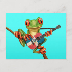 Tree Frog Playing Dominican Flag Guitar Blue Postcard