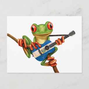 Tree Frog Playing El Salvador Flag Guitar White Postcard