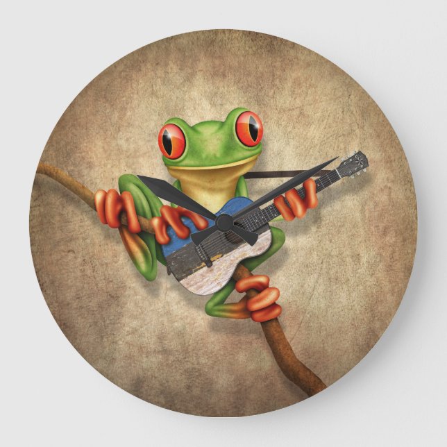 Tree Frog Playing Estonian Flag Guitar Large Clock (Front)