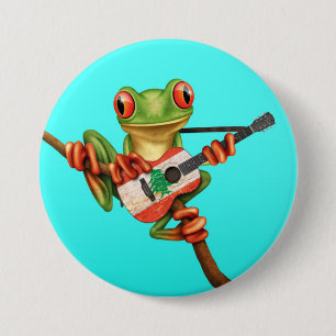 Tree Frog Playing Lebanese Flag Guitar Blue 7.5 Cm Round Badge