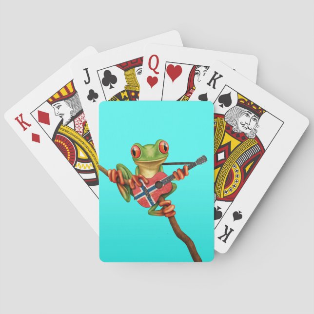 Tree Frog Playing Norwegian Flag Guitar Blue Cards (Back)