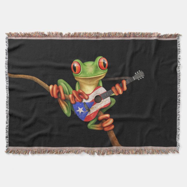 Tree Frog Playing Puerto Rico Flag Guitar Black Throw Blanket (Front)