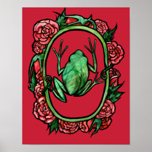 Tree Frog Roses cute red rose froggy art frogs     Poster