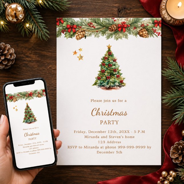 Tree garland red bows Christmas Party Invitation (Creator Uploaded)