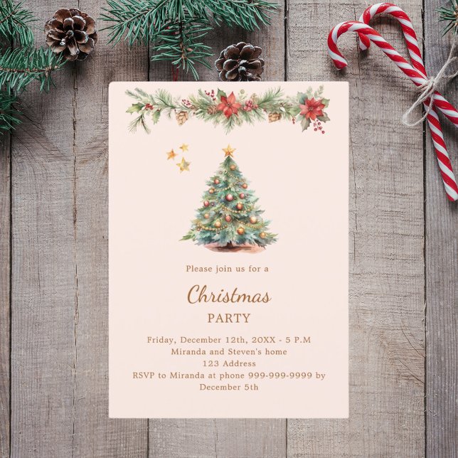 Tree garland red florals cream Christmas Party Invitation (Creator Uploaded)