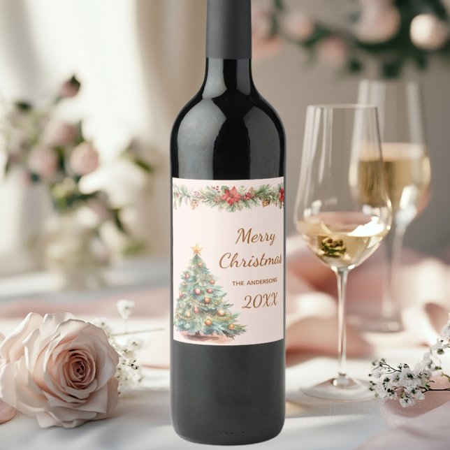 Tree garland red florals cream Christmas Party Wine Label (Creator Uploaded)