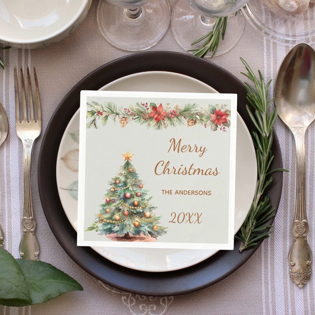 Tree garland red florals green Christmas Party Napkin (Creator Uploaded)