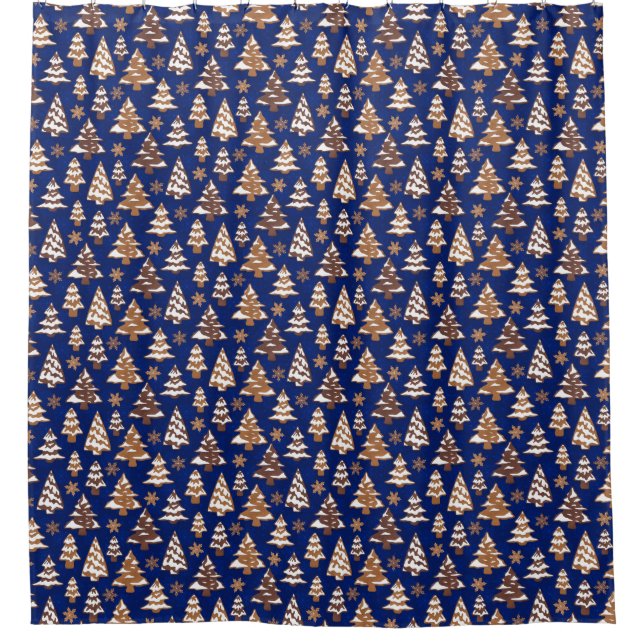 Tree Gingerbread Cookies Blue Christmas Shower Curtain (Front)