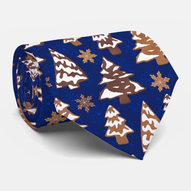 Tree Gingerbread Cookies Blue Christmas Tie (Rolled)