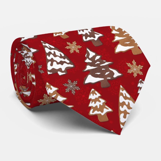 Tree Gingerbread Cookies Red Christmas Tie (Rolled)