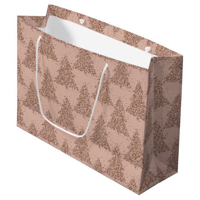 Tree Glam Holiday | Copper Rose Gold Glitz Pattern Large Gift Bag (Front Angled)