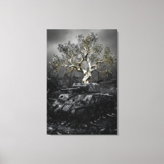 Tree growing from war tank canvas print