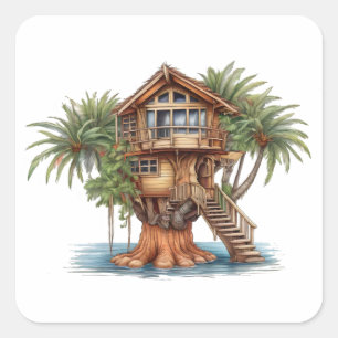 Tree house in palm tree square sticker