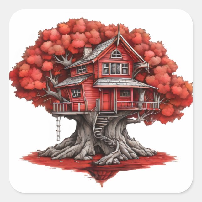 Tree house in red oak tree square sticker (Front)