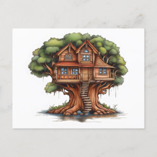 Tree house in redwood tree postcard