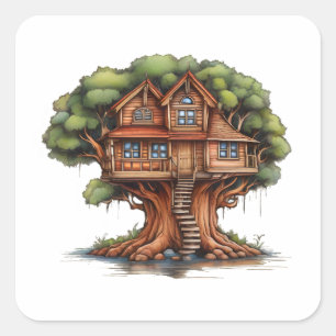 Tree house in redwood tree square sticker