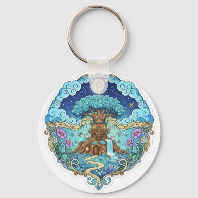 Tree House Under Moon Fantasy magical illustration Key Ring (Front)