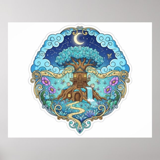 Tree House Under Moon Fantasy magical illustration Poster (Front)