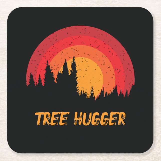 Tree Hugger Retro Distressed Environmentalist Square Paper Coaster (Front)