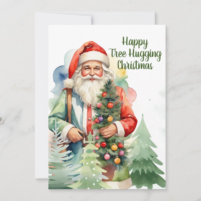 Tree Hugging Santa Flat Holiday Card (Front)