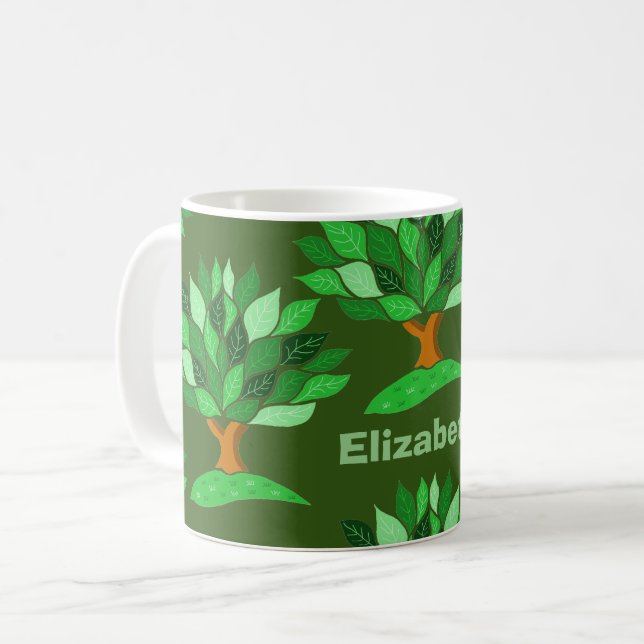 Tree Illustrations with Leaves Pattern. Add Name. Coffee Mug (Front Left)