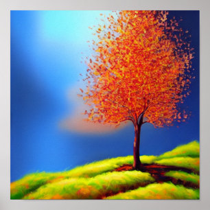 Tree in Autumn on a Hillside Poster
