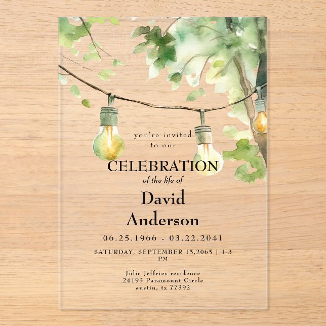 Tree & Lights Celebration of Life  Acrylic Invitations (Front)