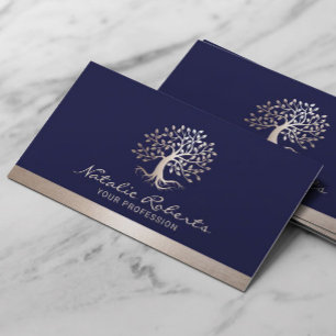Tree Logo Elegant Navy Blue & Gold Border Business Card
