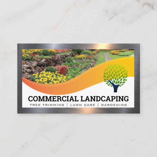 Tree Logo | Landscaping | Metal Border Business Card (Front)